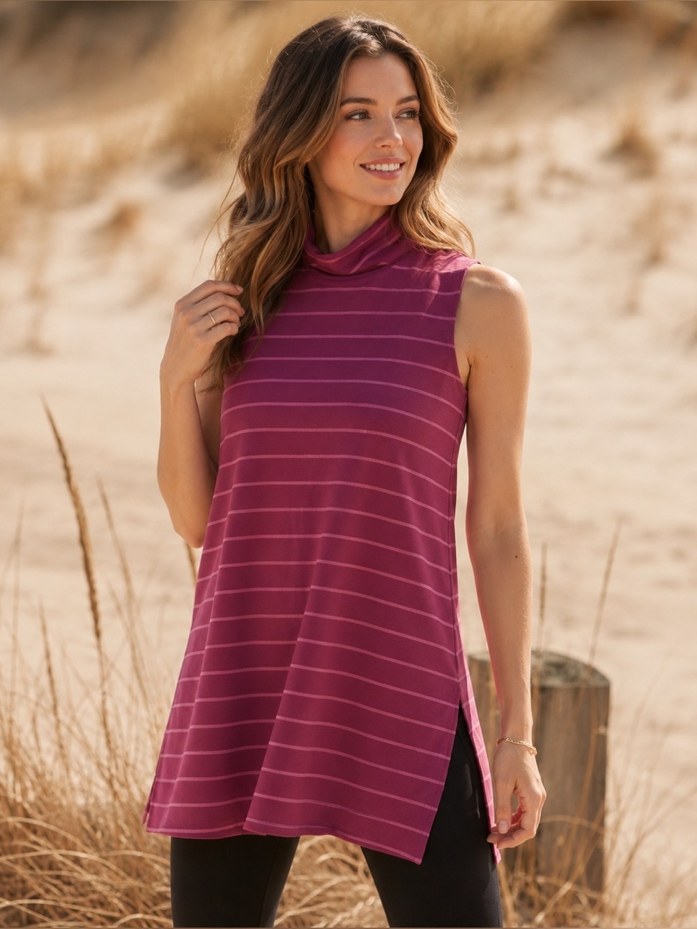 Garnet Hill Mock Turtleneck Tunic Top | Size Large | Burgundy Stripe | EUC